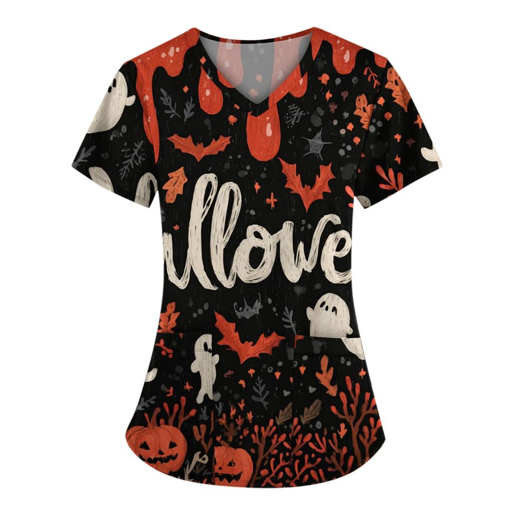 Plus SizePrinted Scrub Working Uniform Tops For Women's Cross V-Neck Halloween Print Short Sleeve Fun T-Shirts Workwear Tee With Pockets