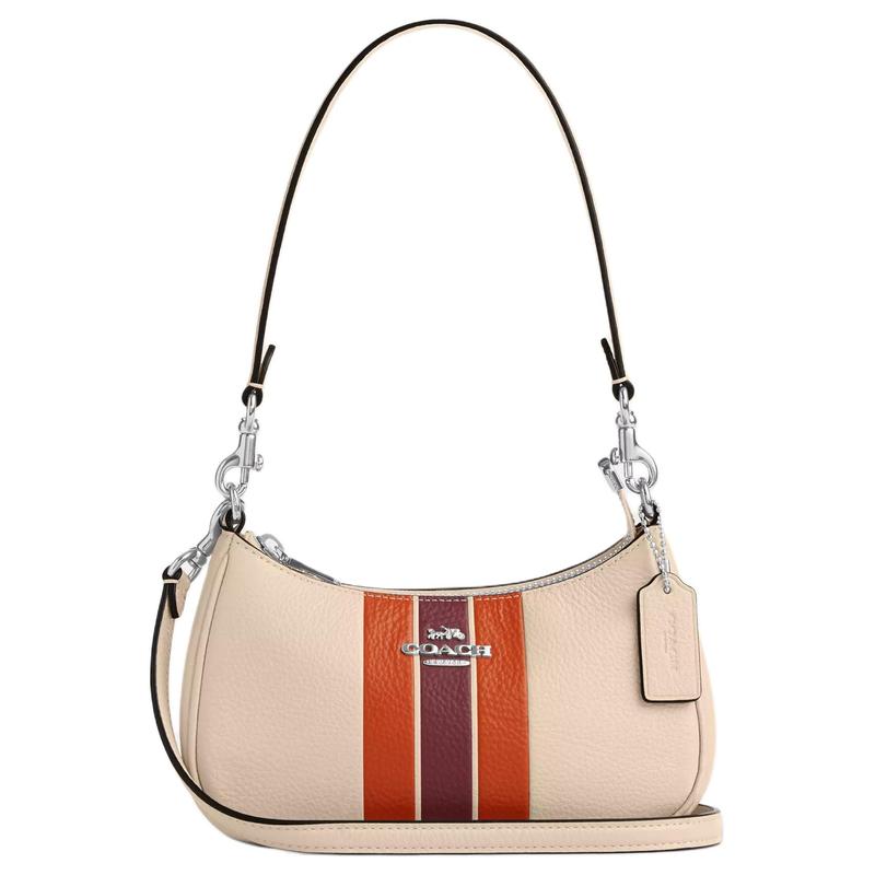 COACH Teri 19 Stripe Contrast Design Pebbled Leather Underarm Shoulder Bag Mini Women’s Beige and Multicolor бежевый