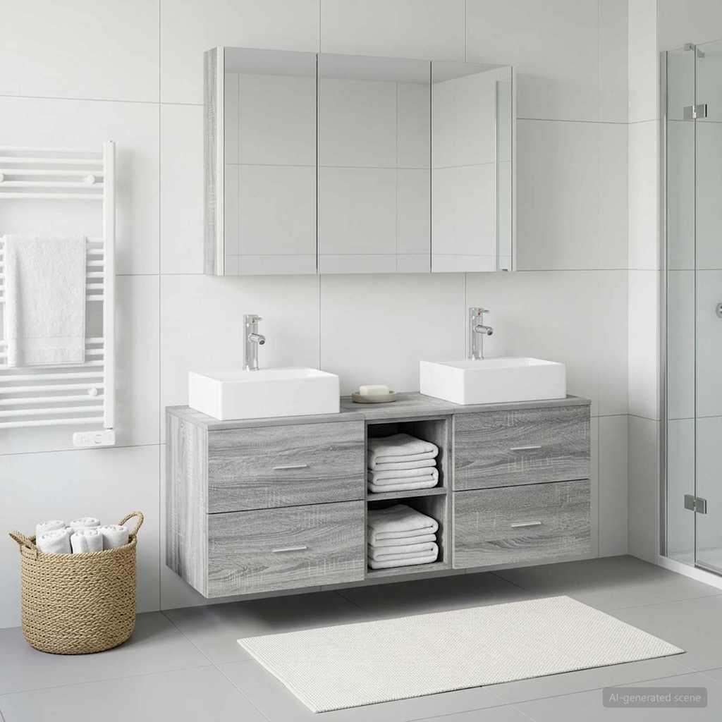 Bathroom Furniture Set 4 Pcs Grey Sonoma Engineered Wood and Glass