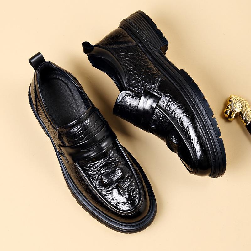Мужская кожаная обувь кожаная дышащая крокодиловый узор деловая повседневная мужская обувь платформа мягкая подошва обувь 38 чёрный