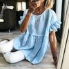 Women Solid Round Neck Ruffle Short Sleeve Blouse Loose Pleated Tunic Top Casual Summer Shirt