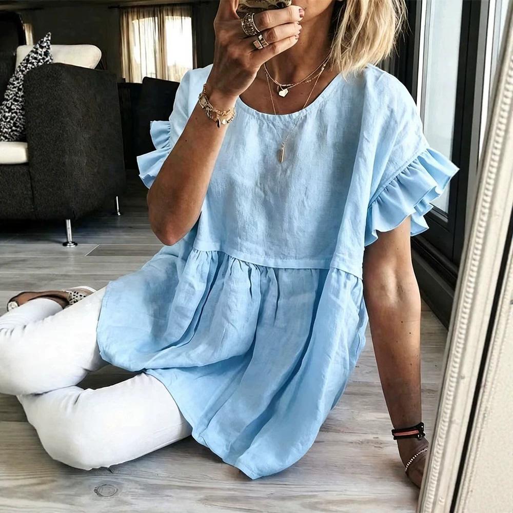 Women Solid Round Neck Ruffle Short Sleeve Blouse Loose Pleated Tunic Top Casual Summer Shirt