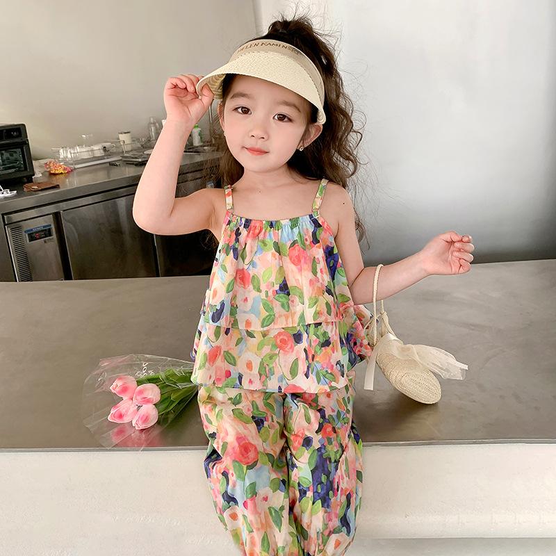 

Детская одежда, свободные топы без рукавов на подтяжках с цветочным принтом + укороченные брюки, детский дышащий спортивный повседневный наряд, комплект из двух предметов 4T