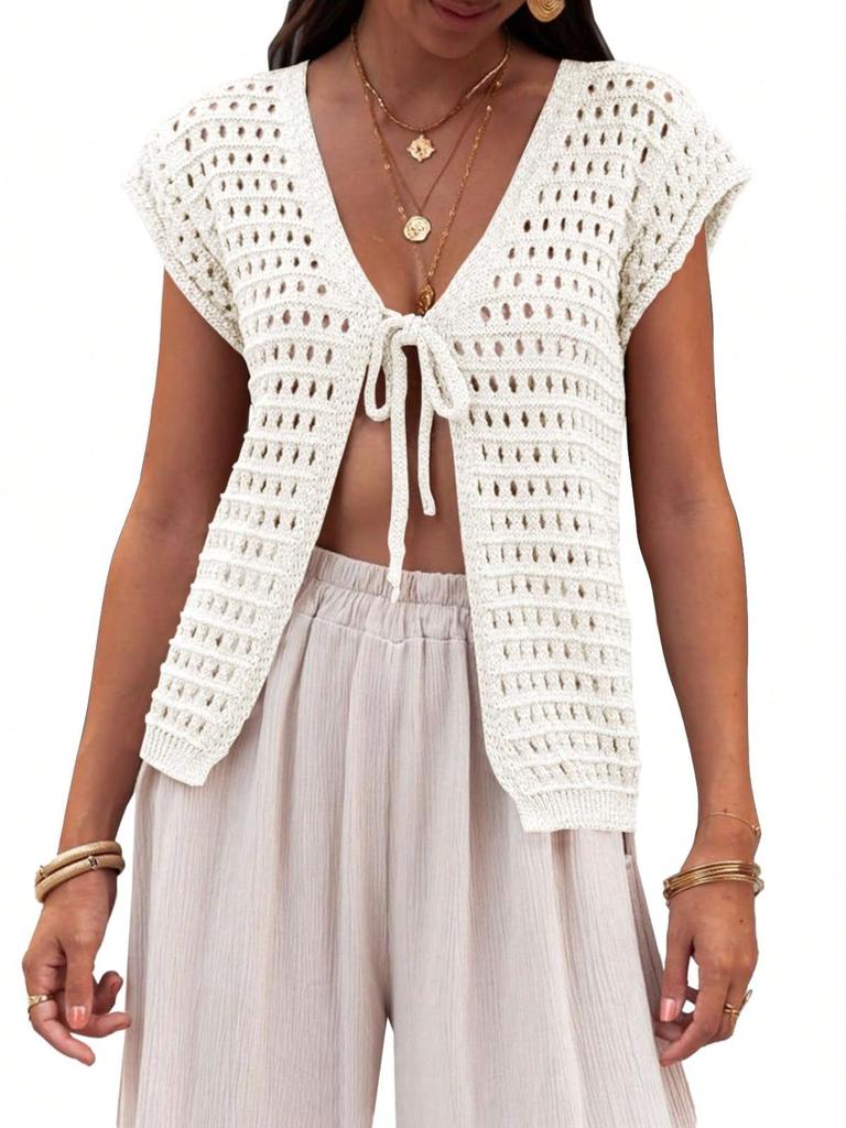 Women's Tie Front Crochet Shrug Short Sleeve Open Front Cropped Knit Cardigan