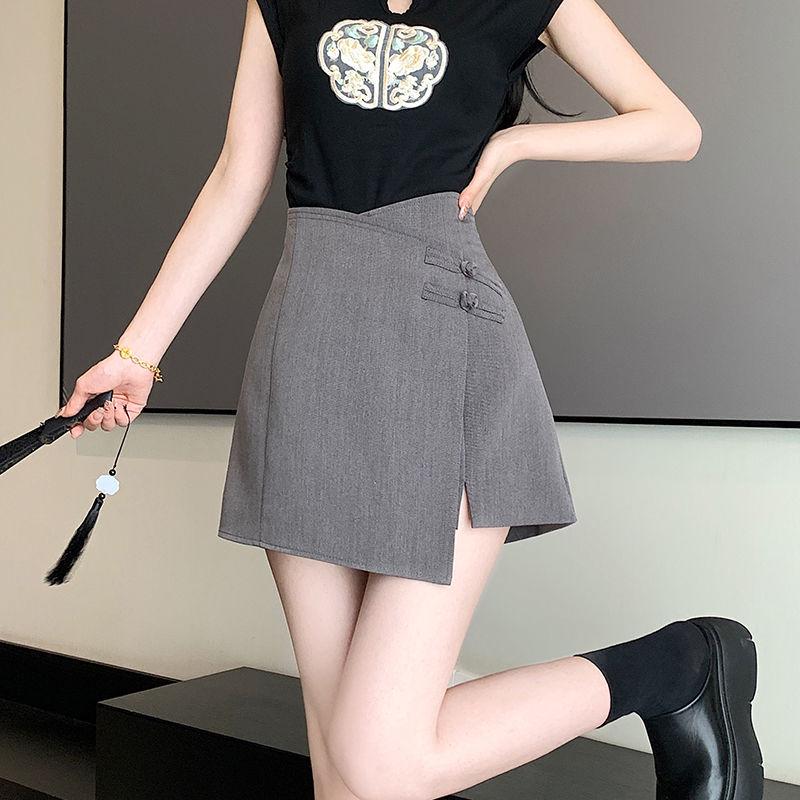

2024 New Women s Irregular High Waist A-Line Midi Skirt with Slit - Anti-Exposure Summer Fashion in Chinese National Style XS