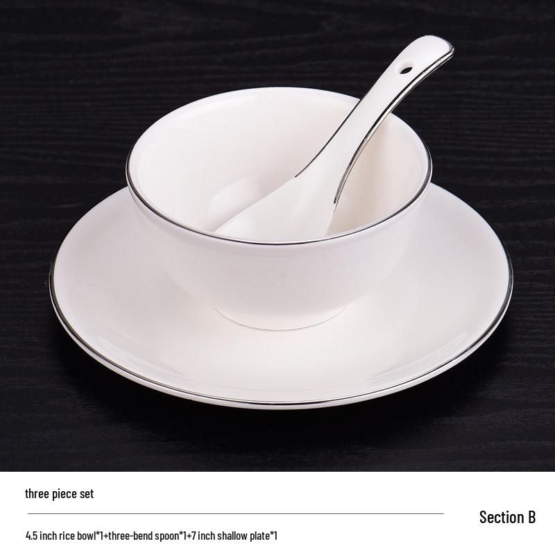 Elegant Ceramic Tableware Set: White with Platinum Rim - Includes Plates, Bowls, and Dishes for Restaurants or Clubhouses, Available in 3 or 4 Pieces
