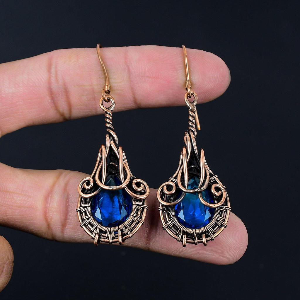 Lavish Blue Topaz Gemstone Handmade Pure Copper Wire Wrapped Earrings Jewelry For Love