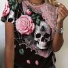 Plus Size 1XL-5XL Women's TShirt Skull and Flower 3D Pattern Printed Casual Short-Sleeved T-Shirt Round Neck Summer Top