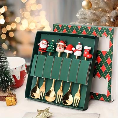 2/4/6Pcs Christmas Fork and Spoon Set Stainless Steel Creative Tableware Coffee Tea Dessert Forks and Spoons Gift Set