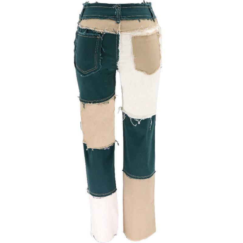Women's Plus Size Mixed Colour Splicing High Waisted Tight Hip Women's Straight Jeans Trousers