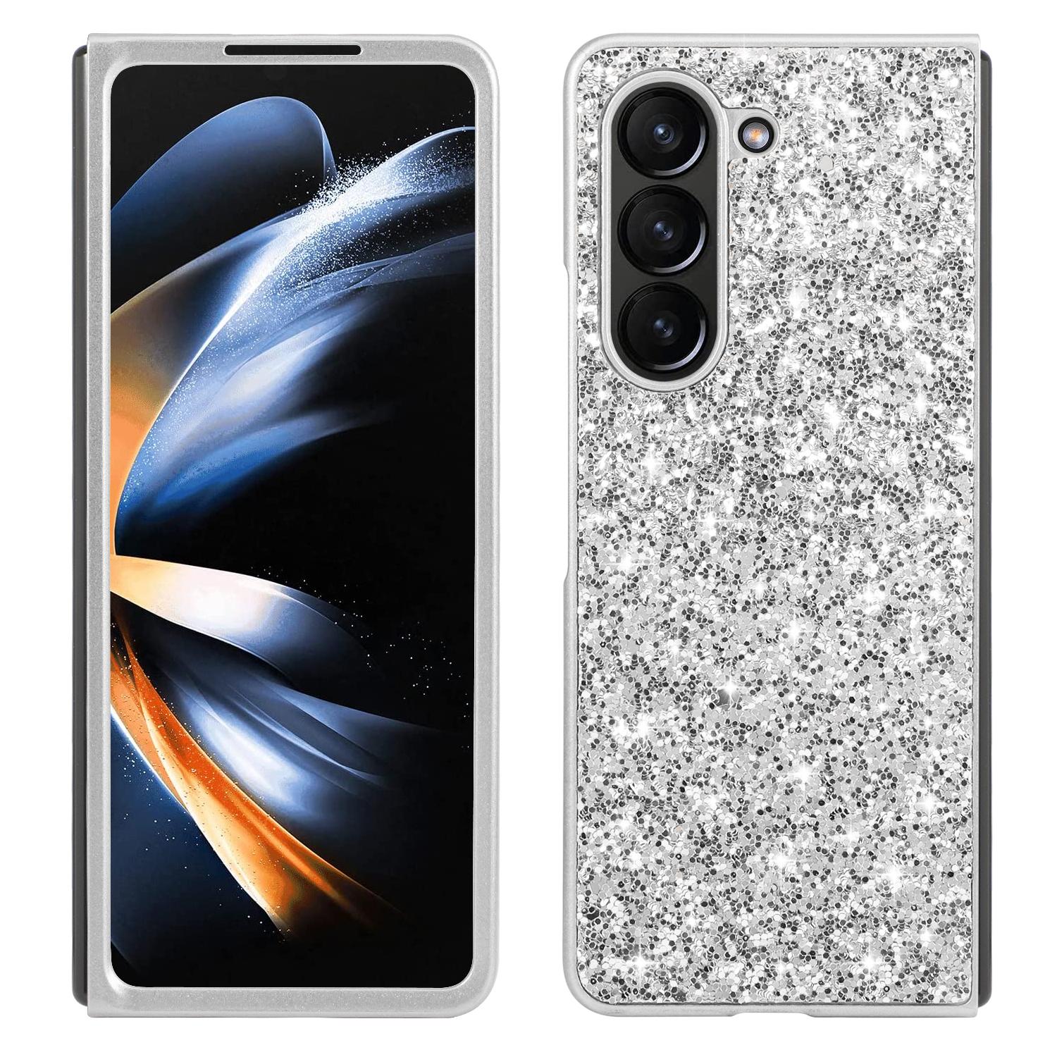 

For Samsung Galaxy Z Fold5 5G Glitter Sequins Phone Case Electroplating TPU Frame Hard PC Back Cover Silver