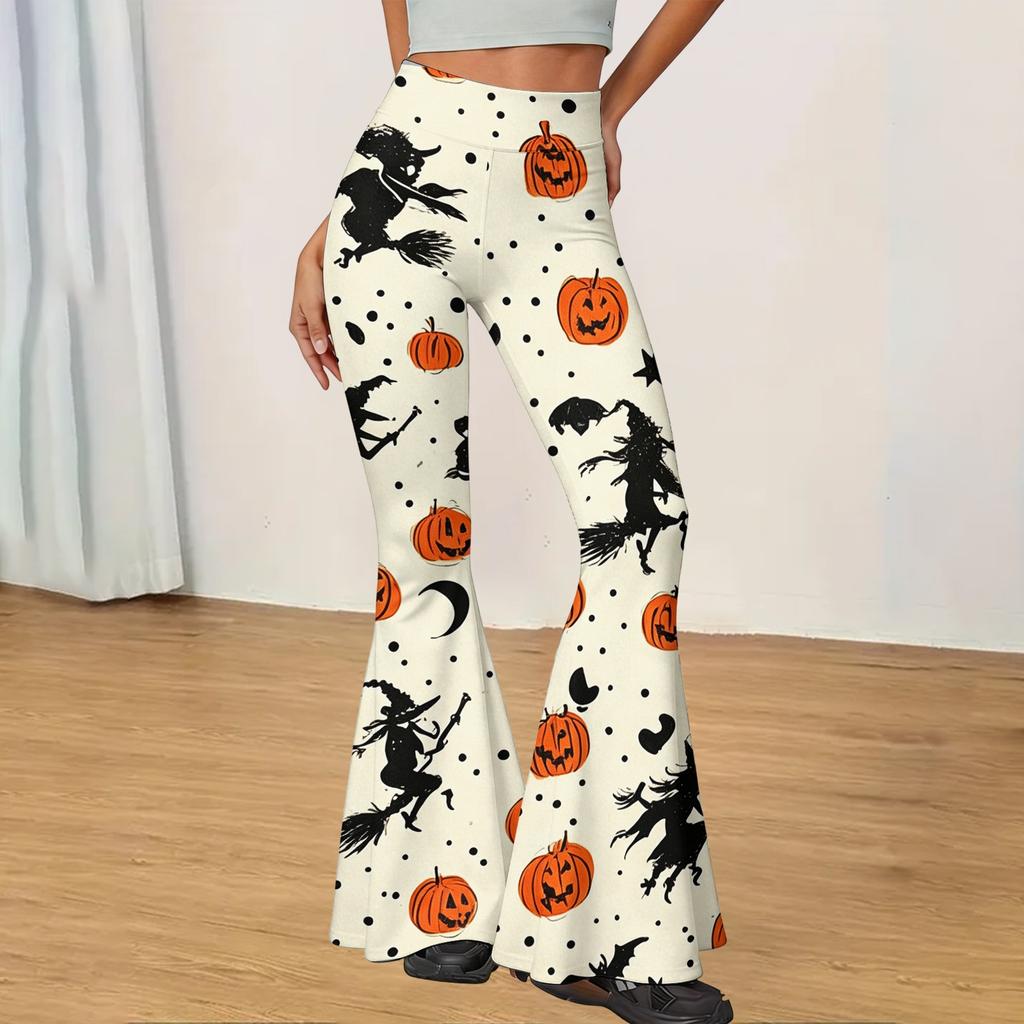 Women's Halloween Print Flared Yoga Pants Stretchy High Waist Casual Fitness Leggings Slim Fit Micro Flare Trousers for Everyday Wear