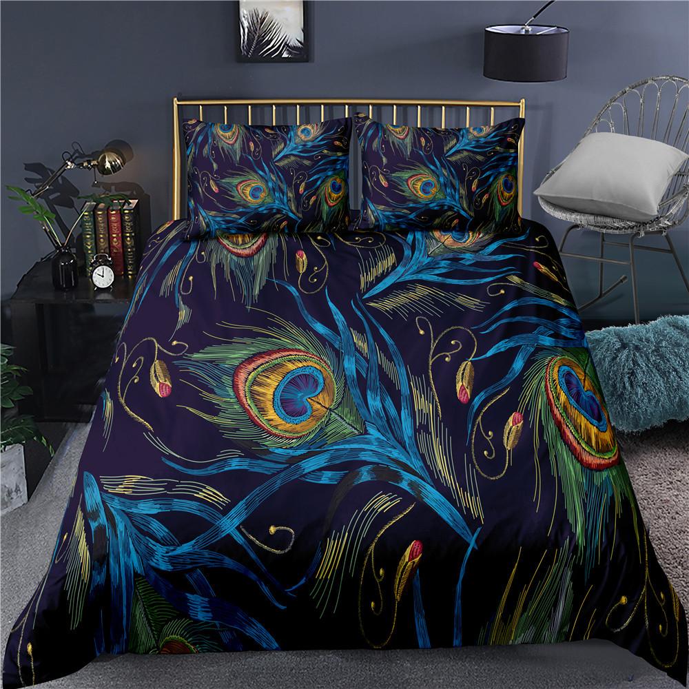 Comforter Peacock Plum Blossom Decor Bedding Set King Size Crane Peacock Feather Floral Pattern Romantic