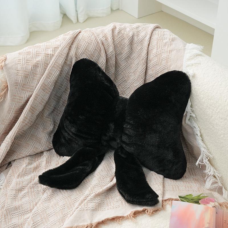 Pink Bow Ribbon Couch Pillow Imitation Rabbit Fur Comfortable Car Seat Cushion Ins Style Simple Back Cushion