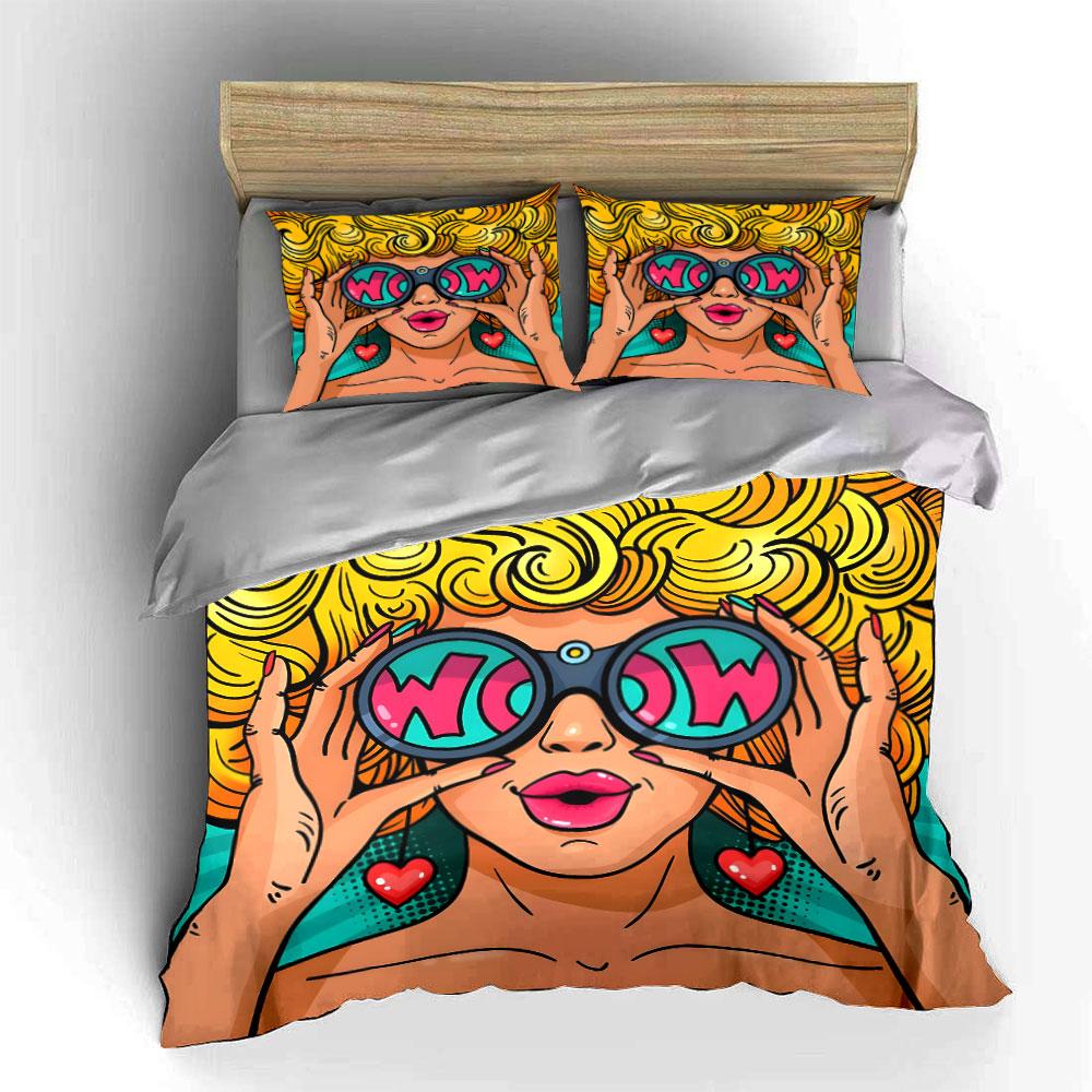 Pop Art Woman with WOW Glasses Bedding Duvet Cover Set (1*Duvet Cover 2*Pillowcases, without duvet insert)