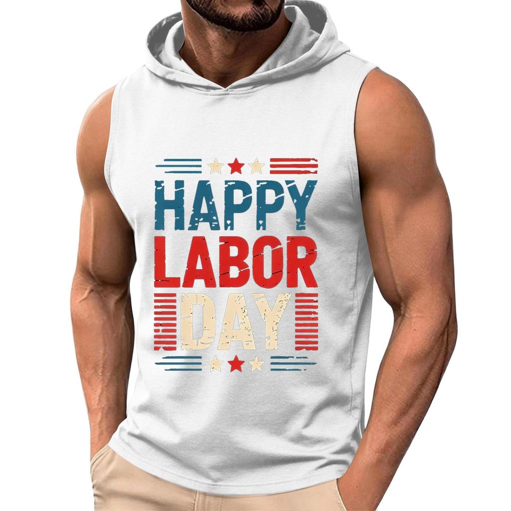 Men Sleeveless Hoodie Tank Top Casual Muscle Fit Athletic Shirt Summer Workout Gym Apparel with Labor Day Print
