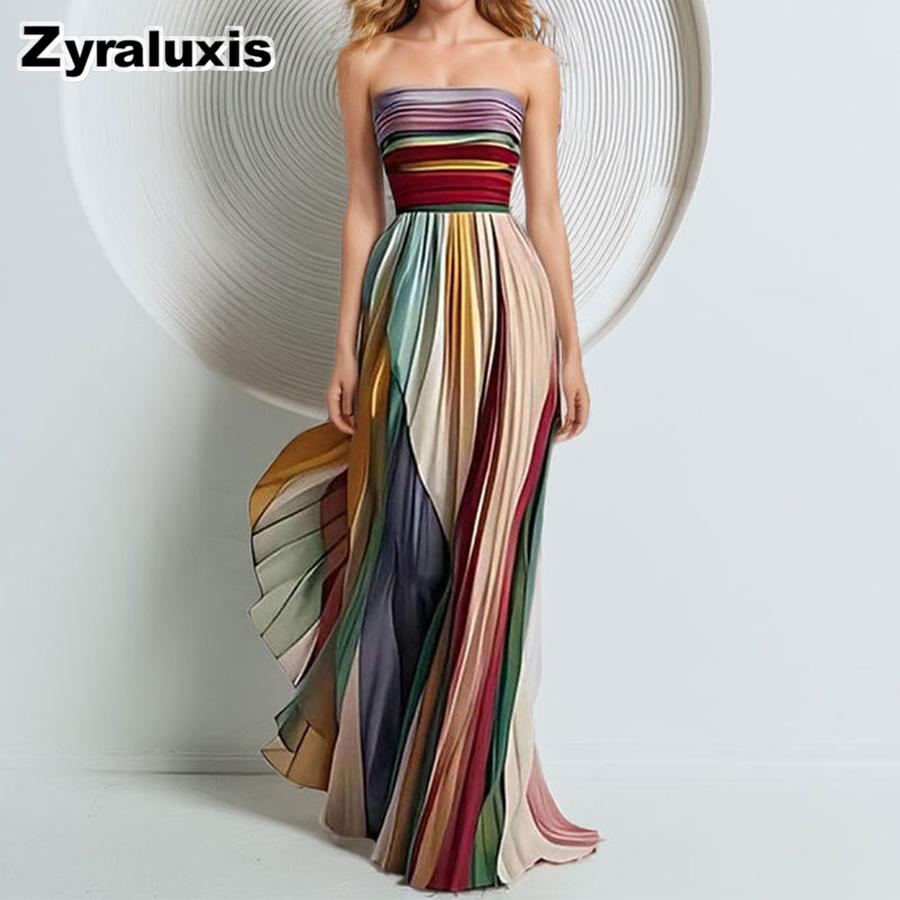 Spring New Women s Clothing Fashion Off-Shoulder Colorful Printed Dress Ruffled Gown S