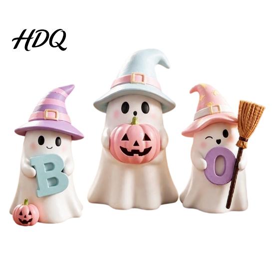 Cool Halloween Decor 3Pcs Pink Ghost Figurines, Cute Spooky Resin Desk with Pumpkin Boo Letter Ornaments BOO Letter, Sweet Tabletop Ornament for Fall