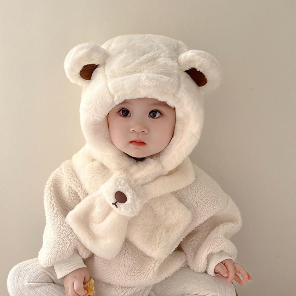 Fashion Design Children Fleece Hat Solid Color Plush Hat with Scarf Outdoor Bear Plush Hat  Boy