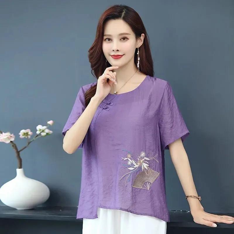 Ladies Summer Embroidery Cotton Linen Short Sleeve T-Shirt Chinese Vintage Loose and Comfortable Top