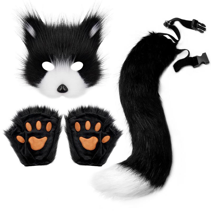 Halloween Set, Simulated Fox Mask Gloves, Plush Fox Tail, Handmade Beast Tail Cos Prop Accessories.