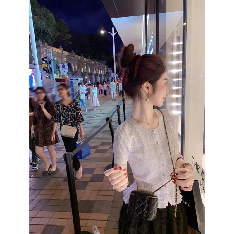 Women s Hollow Knit Short Sleeve Top L