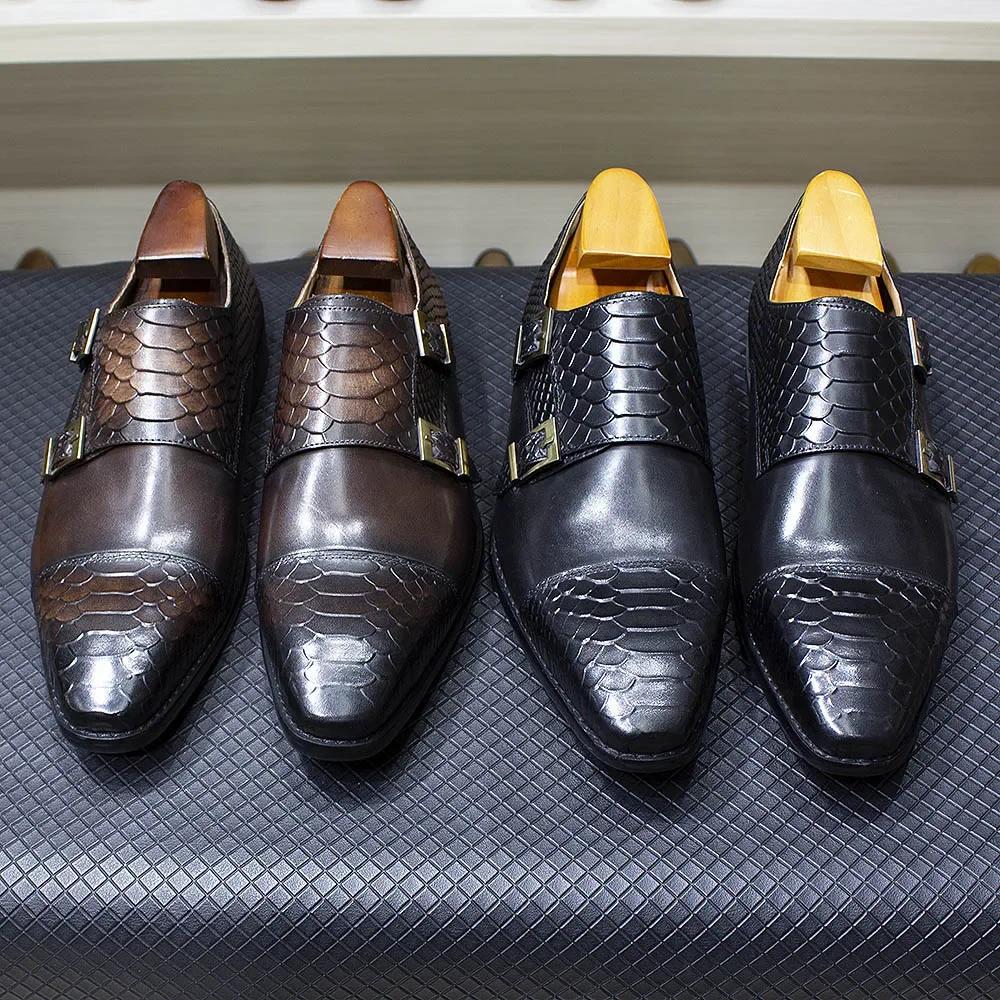 Fashion Luxury Double Buckle Monk Strap Men's Dress Shoes Genuine Leather Classic Crocodile Pattern Formal Business Office Footwear