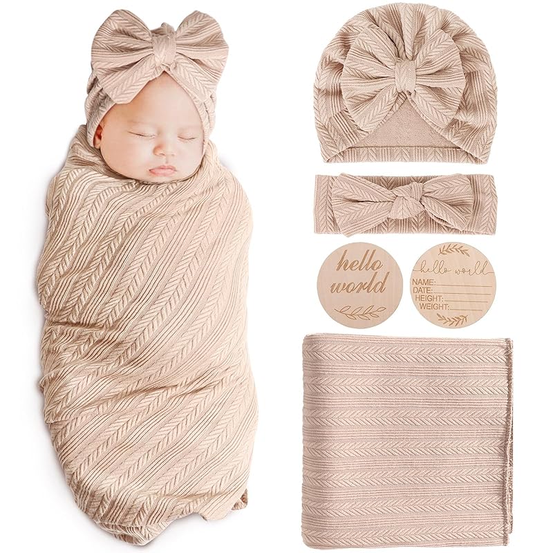 Newborn Receiving Blanket with Bow Hat Mittens Wooden Card Set Wheat-Pattern Newborns Toddler Baby Boy Girl Nursery Swaddle Wrap