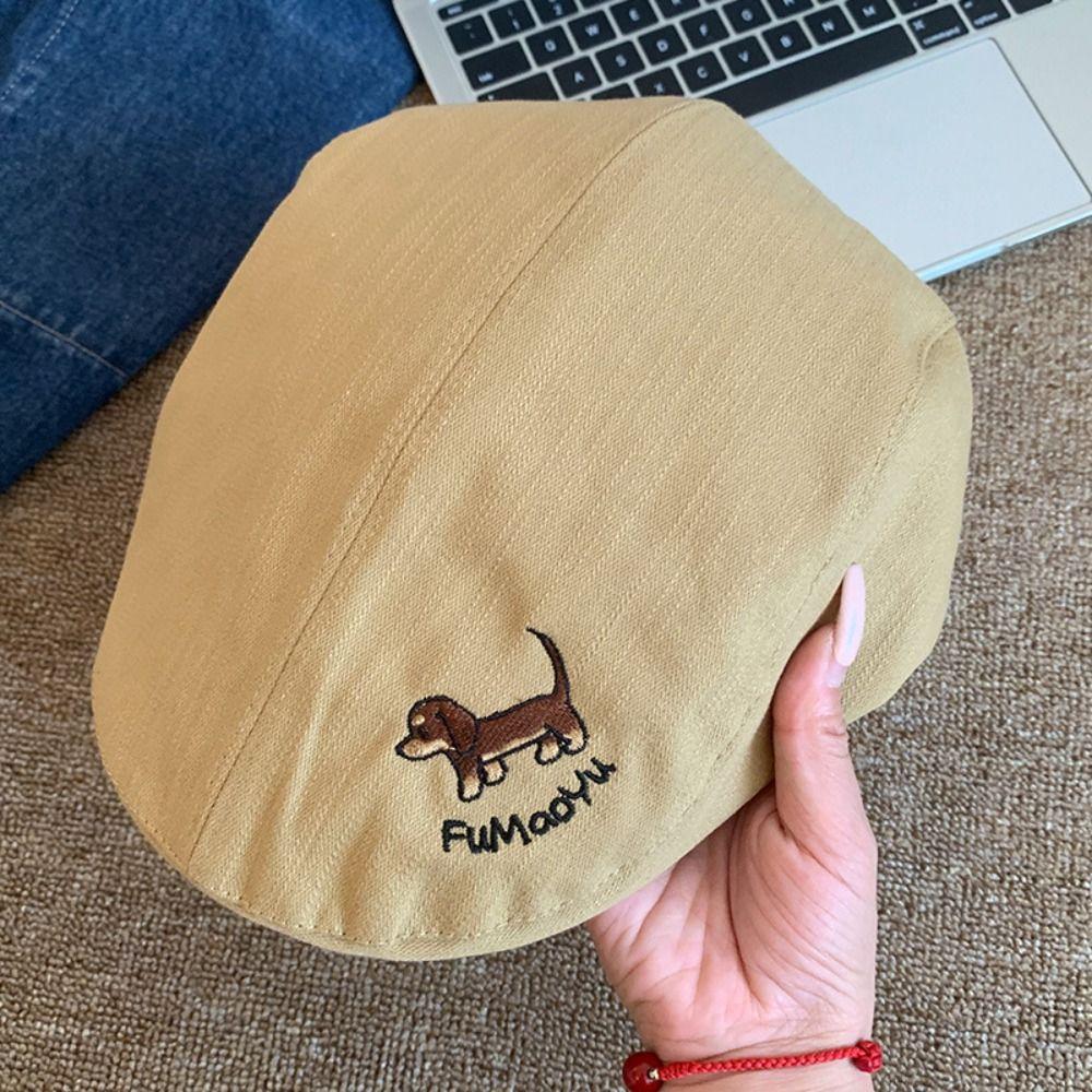 Japanese Style Cartoon Forward Hat Short Brim Painter Hat Puppy Embroidery Berets Cap Outdoor