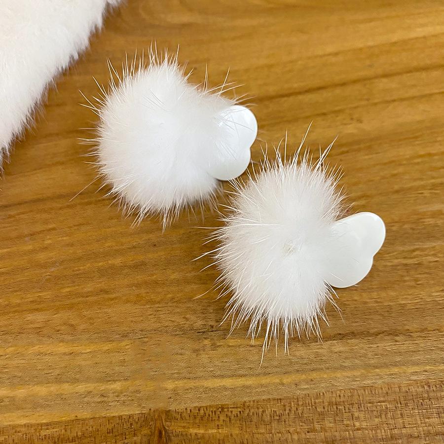 Silver Needle Flocked Pompon Bowknot Heart Earrings - Elegant & Sweet Ear Studs for Women