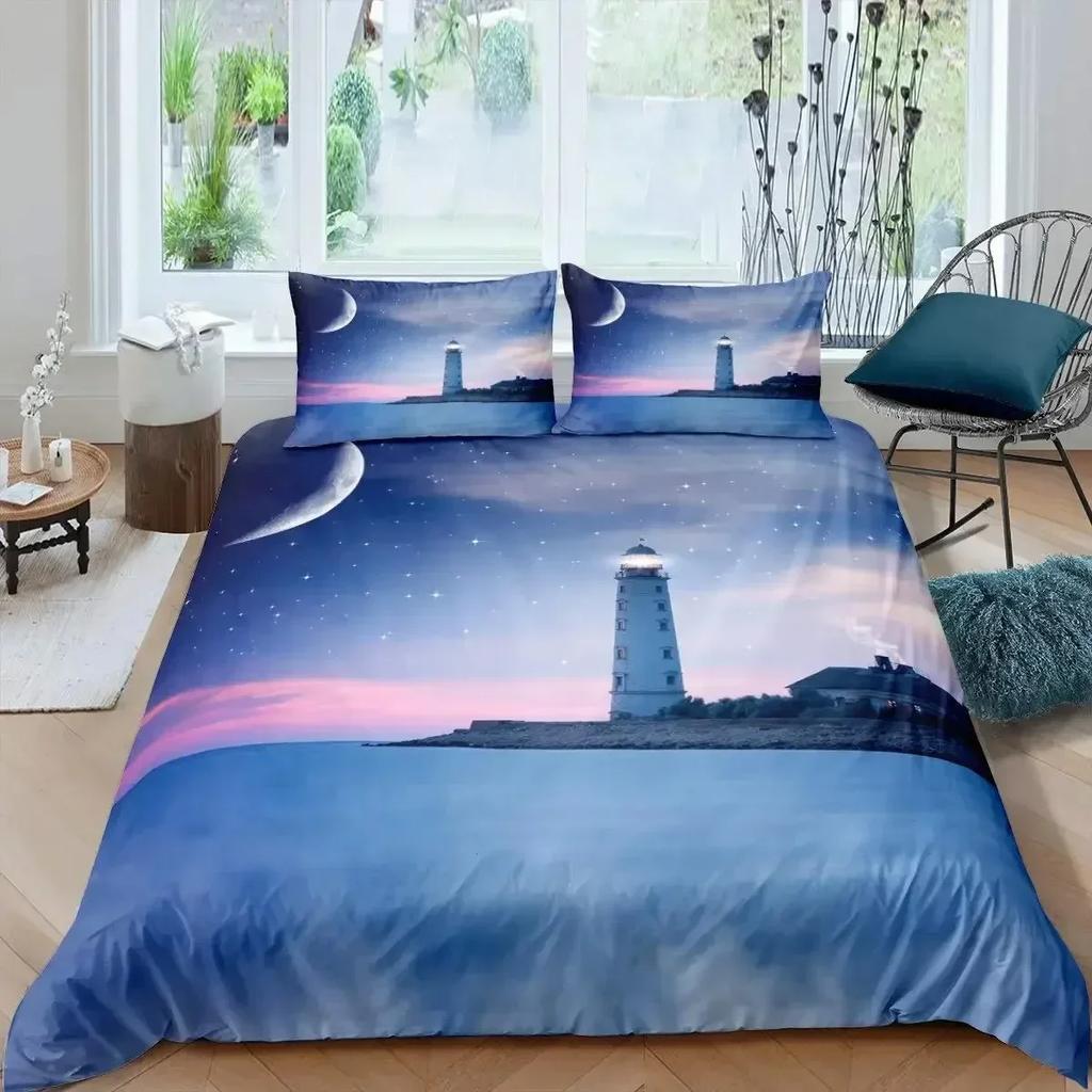 Top Lighthouse Duvet Cover Set Nautical Surfing Ocean Wave Bedding Set Queen Polyester Coastal Nature Theme Quilt Cover