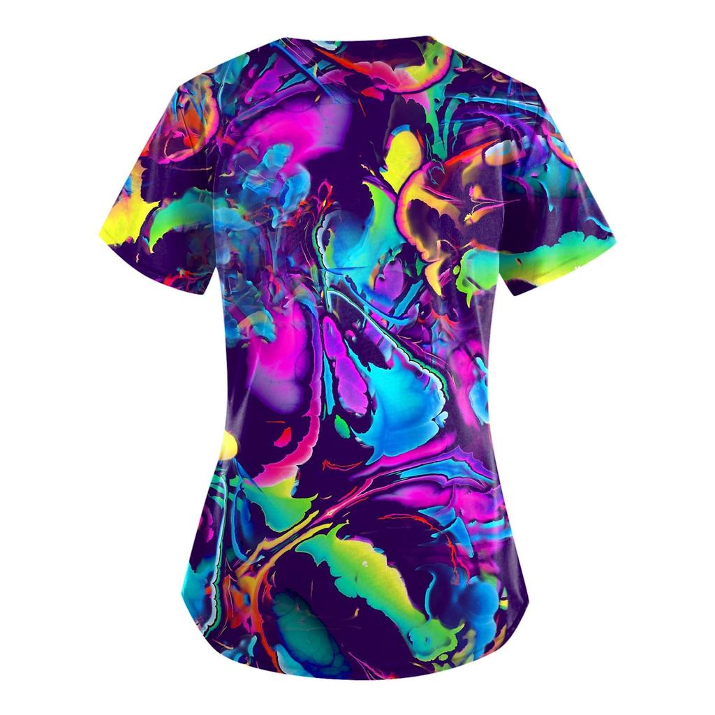 Plus Size Cute Printed Scrub Working Uniform Tops For Women  V-Neck Short Sleeve Fun T-Shirts Workwear Tee With Pockets