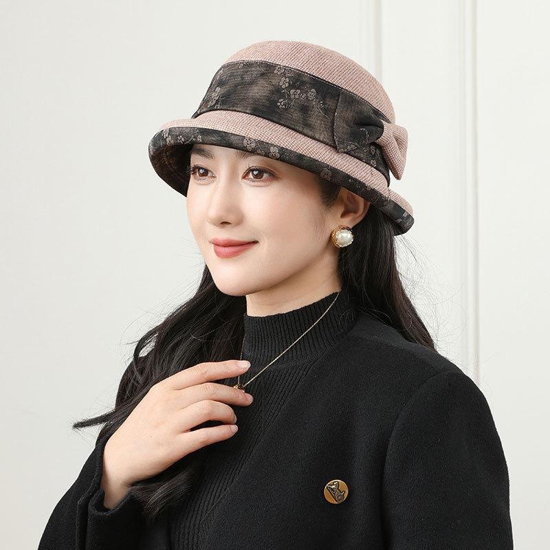 Hat lady autumn and winter thickened woolen basin hat temperament warm bucket hat bow hat