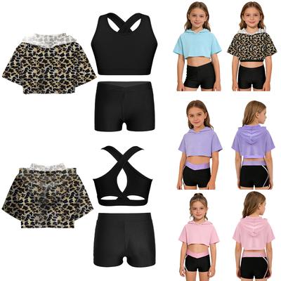 Girls Sport Set Sleeveless Cross Back Vest Short Sleeve Hooded Crop Top V Front Waistband Shorts