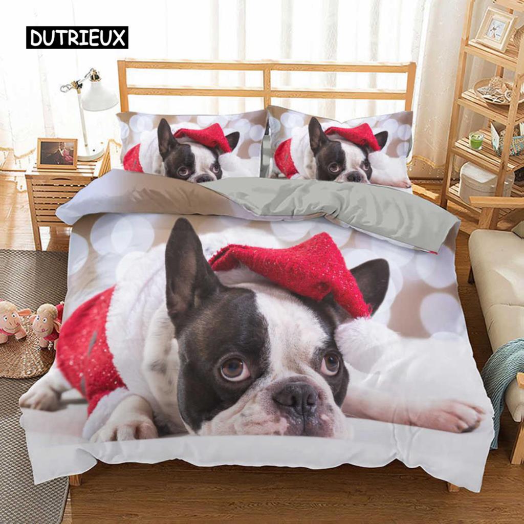 Sett med dynetrekk for fransk bulldog, King size, Søt valp, Dyretema, Sengetøy for barn og tenåringer, Polyester, 2/3 deler, Mykt dynetrekk