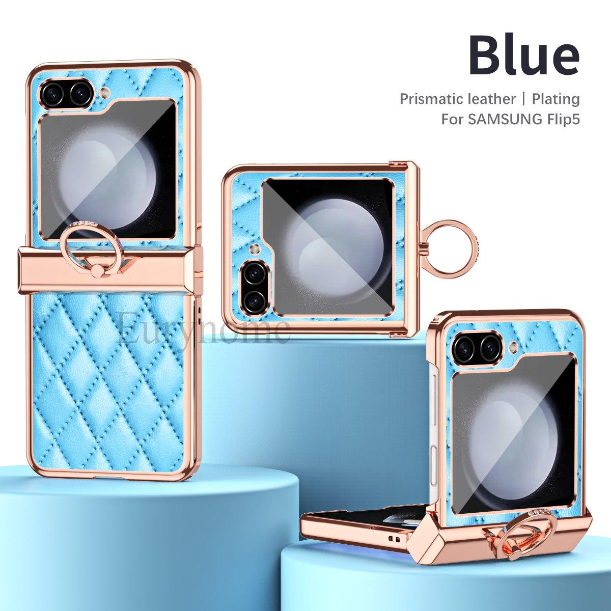 

Luxury Plating Case For Samsung Galaxy Z Flip 5 Flip5 ZFlip5 Fold Grid PU Leather Plastic Shockproof 360 Ring Stand Phone Cover Z Flip 5&Ring Case синій