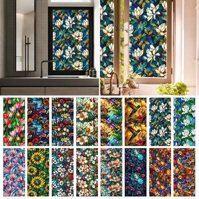 45 x 100 cm bunte Blumen-Buntglasfolie, statisch haftende PVC-Sichtschutzfolie für Fenster, Zuhause, Wohnzimmer, Büro, Kunstdekor