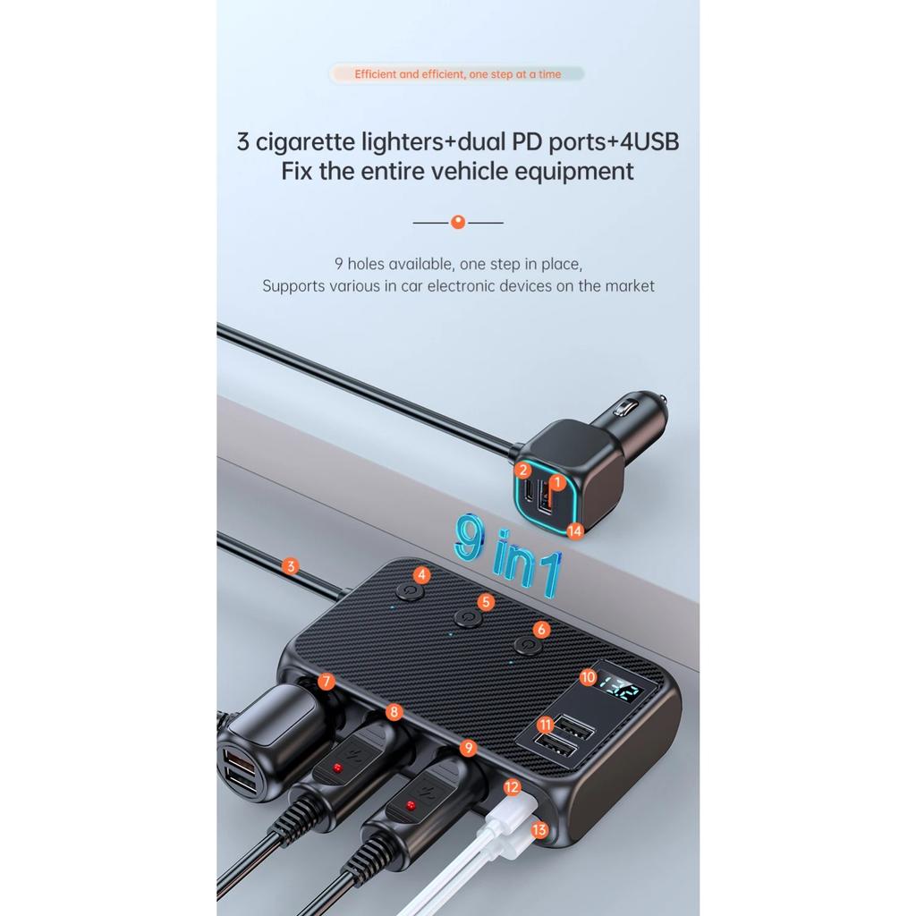 171W Autoladegerät-Adapter 9 in 1 Steckdosenverteiler PD30W/QC 3.0 Unabhängige Schalter 12V/24V DC-Ausgang