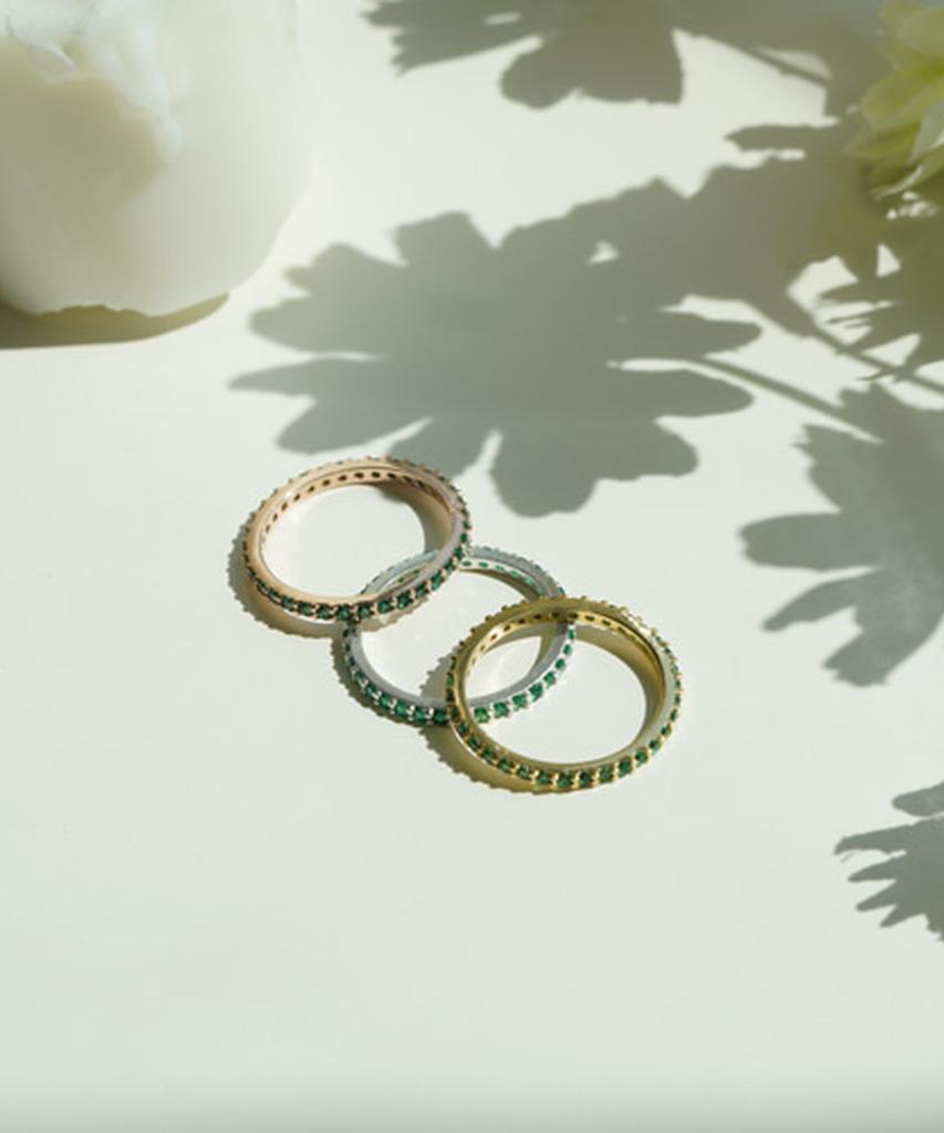 Alleun Silver 925 Couple Cubic Square Thin Ring Green