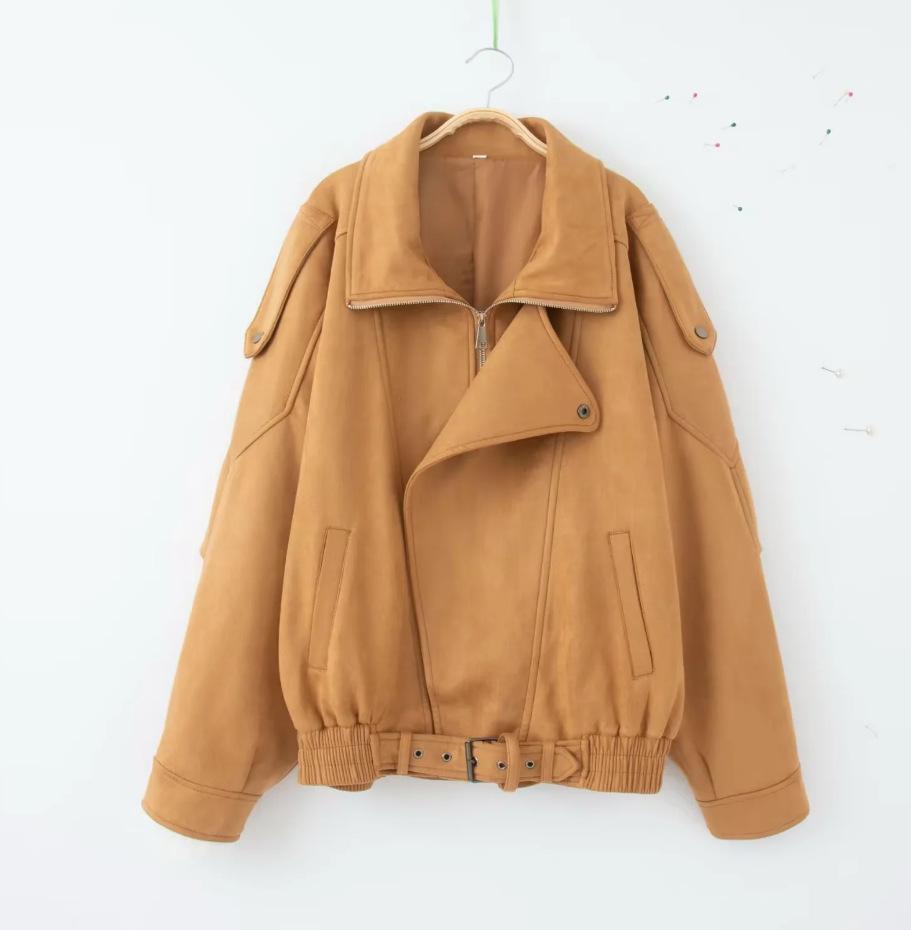 Asymmetrische Bikerjacke für Damen mit Reißverschluss in braunem Wildleder-Look