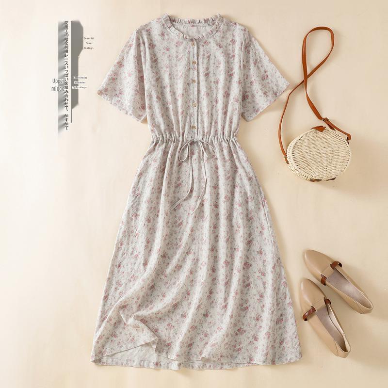 2026 Women s Plus Size Cotton Linen Dress - Ruffle Collar, Artistic Retro Style for Spring/Summer. 2XL