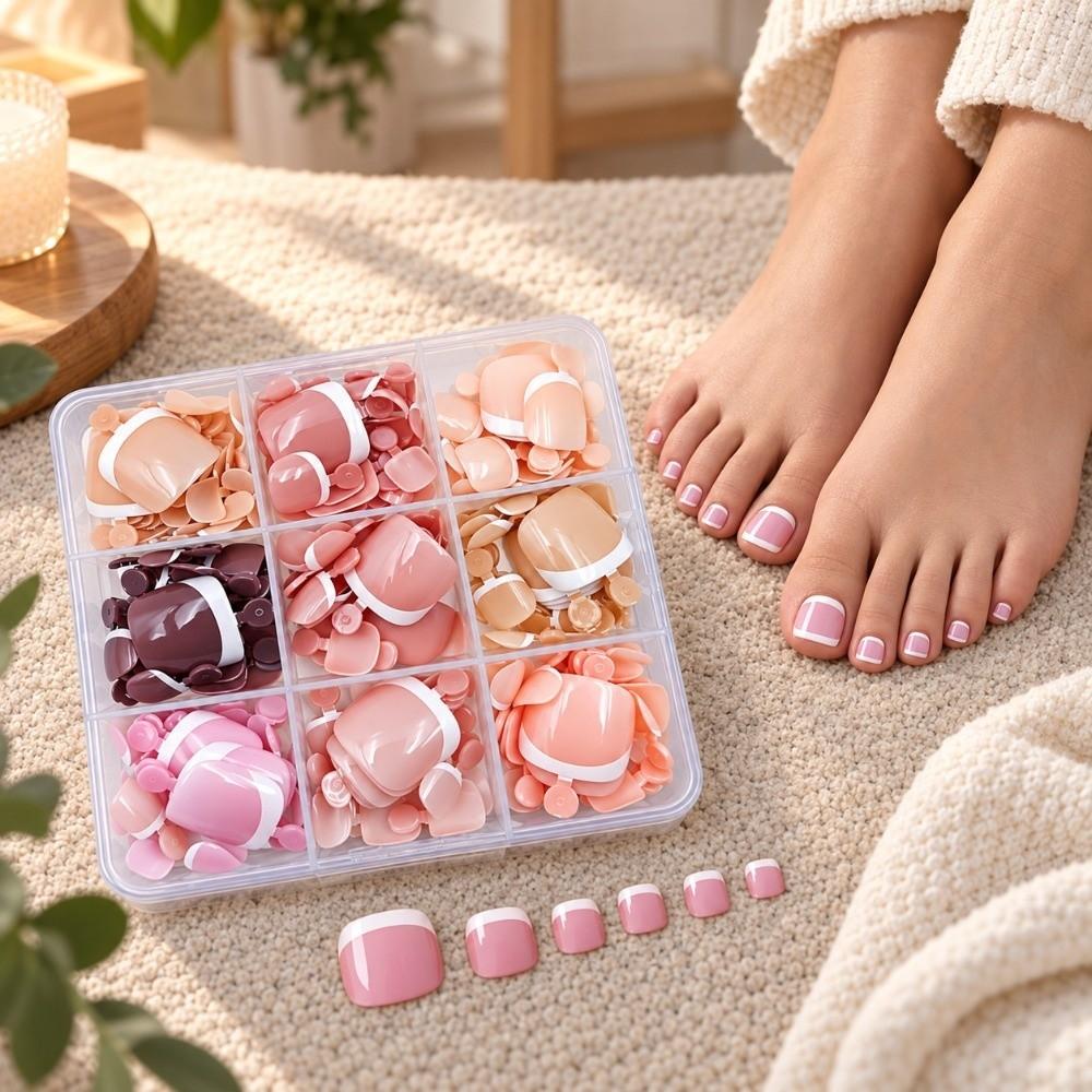 216pcs French Style Press On Toenails Short Square Shape Toe Nails Art Sticker Party Wear