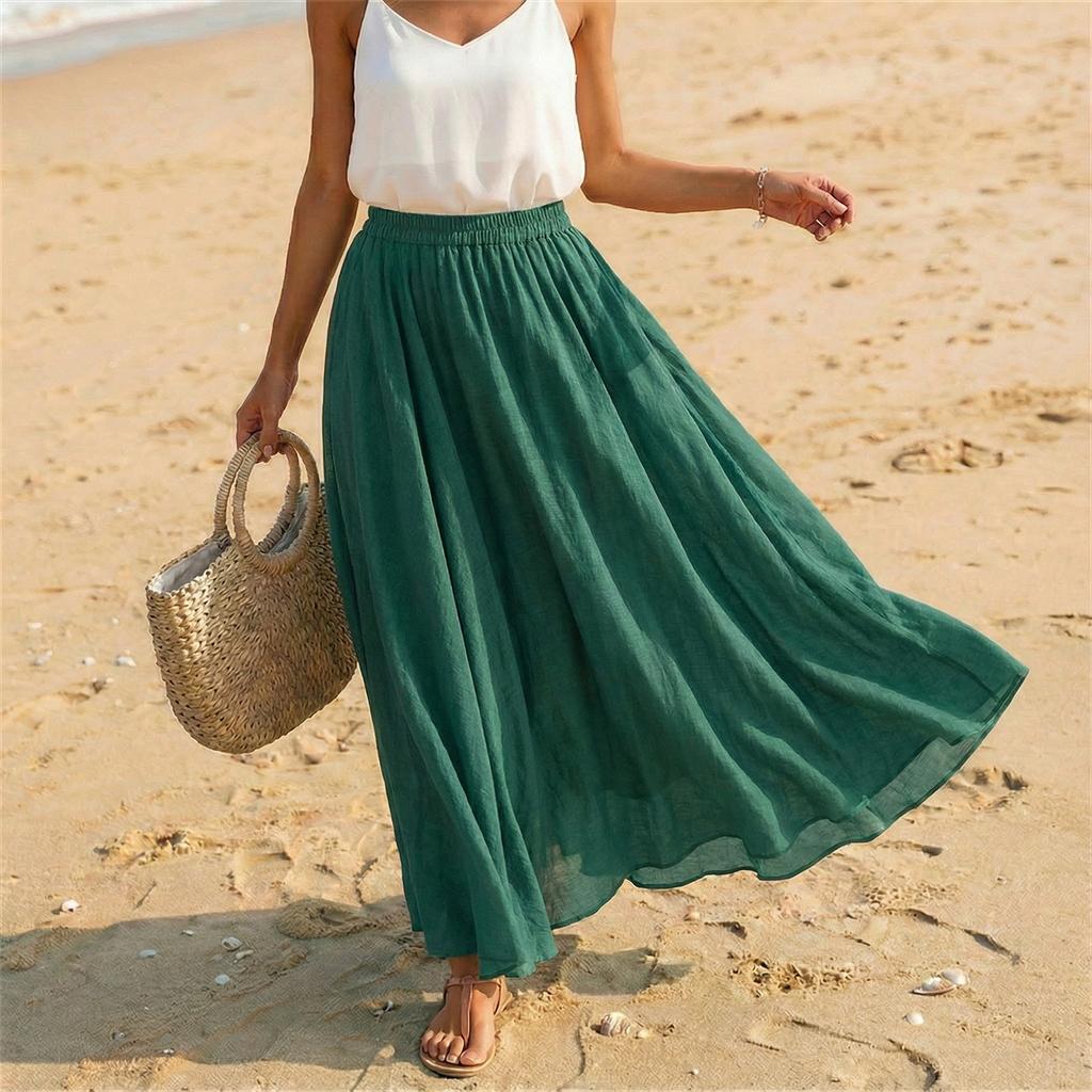Women Casual Holiday Solid Cotton Linen Long Skirt A Line Beach Midi Skirt Elastic Waist Lightweight Flowing Design