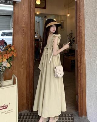 Sweet Backless Flying Sleeves Bow Strap Dress Summer New Vacation Meat Cover Thin a Word Long Skirt