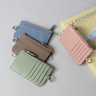Mini Porte-Monnaie Ultra-Fin Style Japonais avec Fermeture Éclair et Multiples Fentes pour Cartes en Cuir Véritable