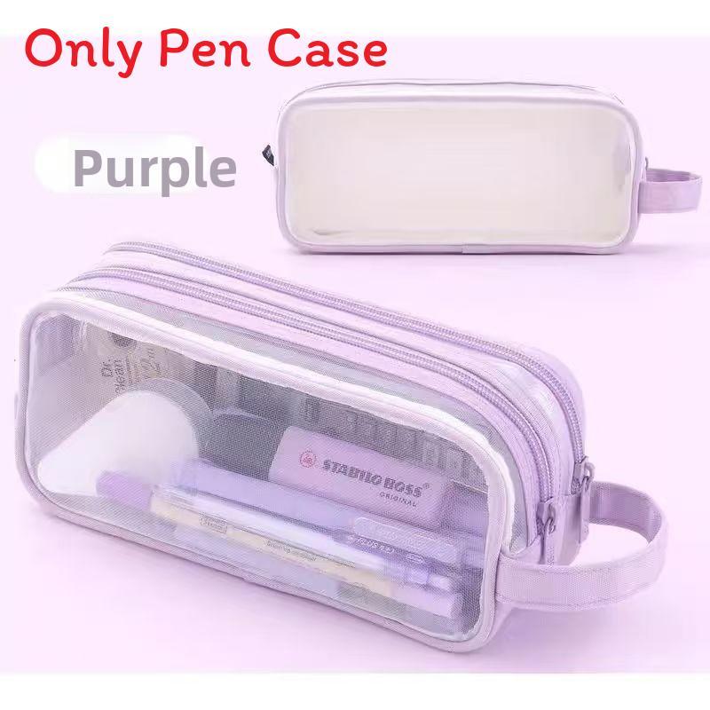 Student Double Layer Mesh Transparent Pencil Case With Large Capacity For School Use