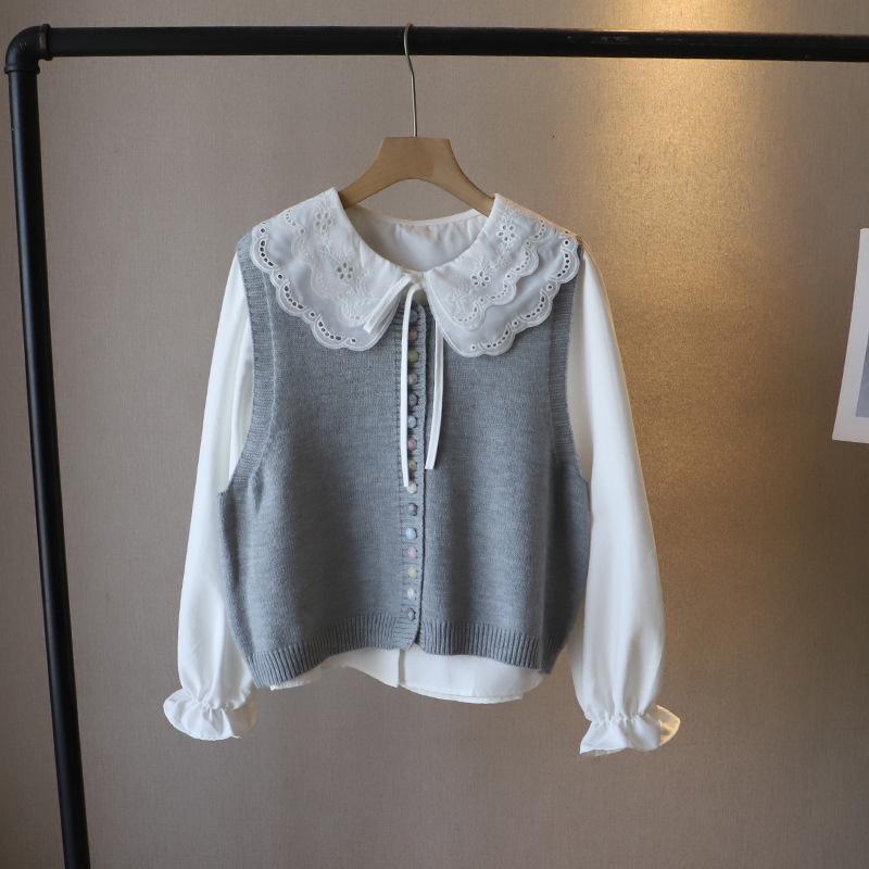 Spring 2025 Korean Style Women's Peter Pan Collar Blouse + Knit Vest Set
