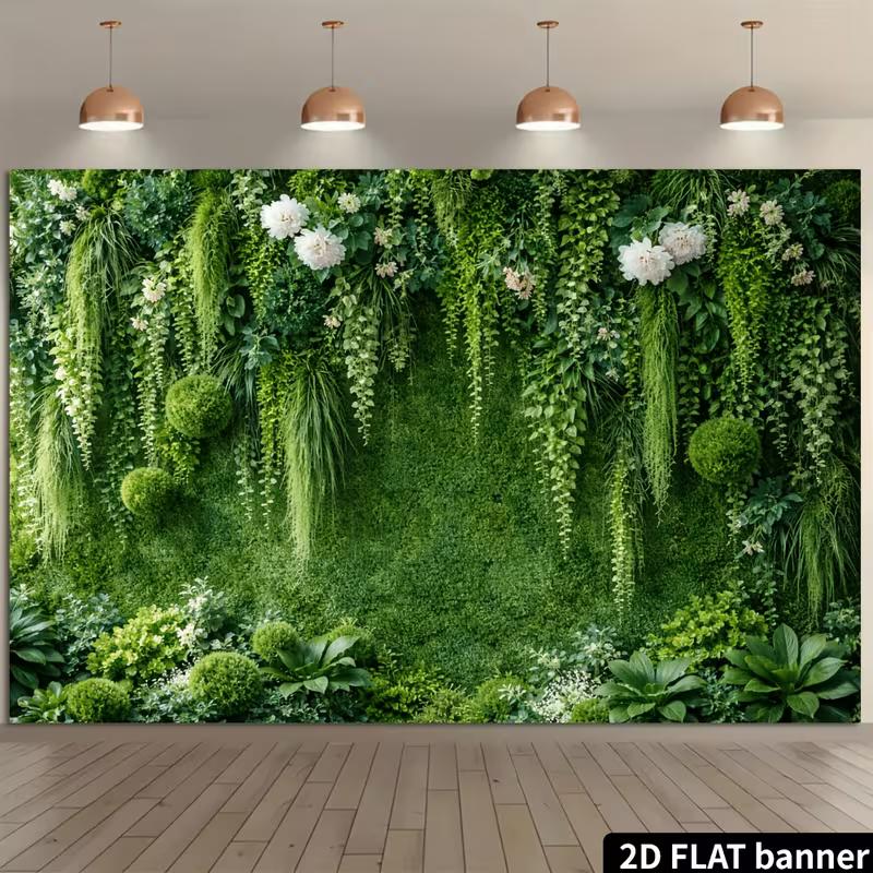2D Natural Moss Wall with Greenery and White Blooms Photography Background