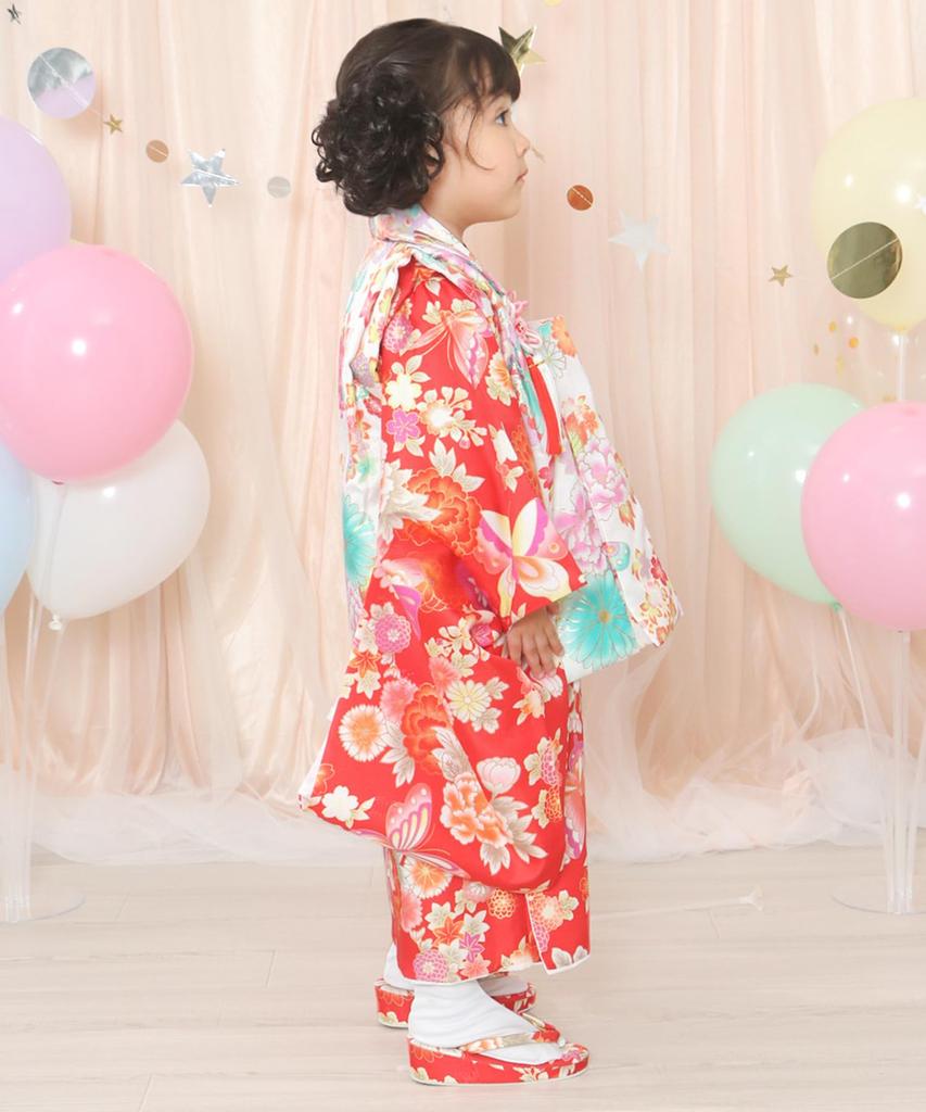 Kimono Set for Set Patterned Nagajuban Hair Drawstring Zori Waist and Tabi Scarlet Flower with Dancing [KYOETSU] Shichi-Go-San Ceremony, 3-Year-Old