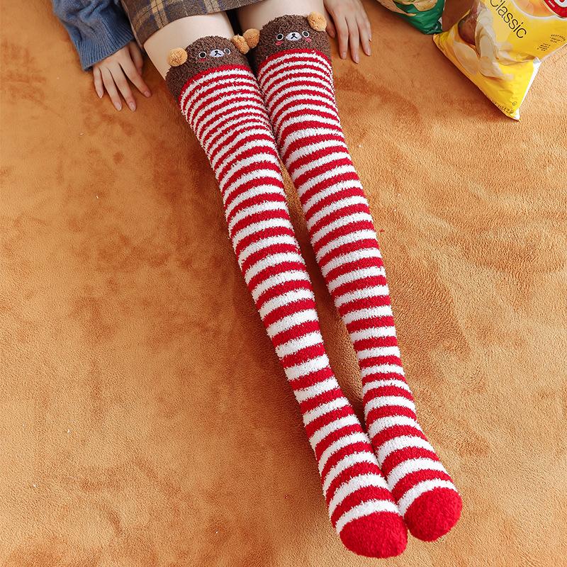 Autumn and Winter Coral Fleece Sleep Socks Thickened and Warm Christmas Gift Cartoon Calf Socks Half-fleece Women's Over-the-knee Socks